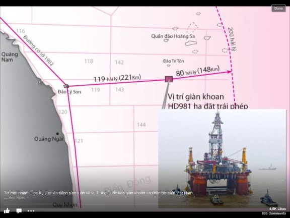 According to Vietnamese media, the Chinese oil rig is drilling 148 km inside Vietnamese territorial waters.